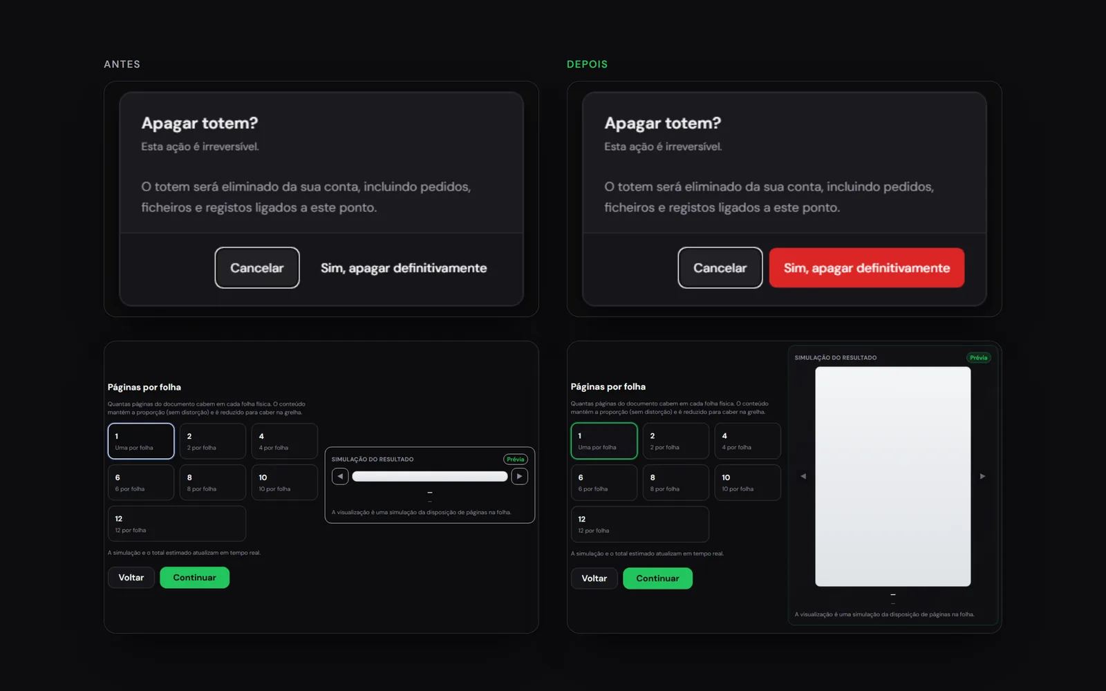 Before and after the audit: the delete button with no danger color and the pages-per-sheet preview that collapsed.