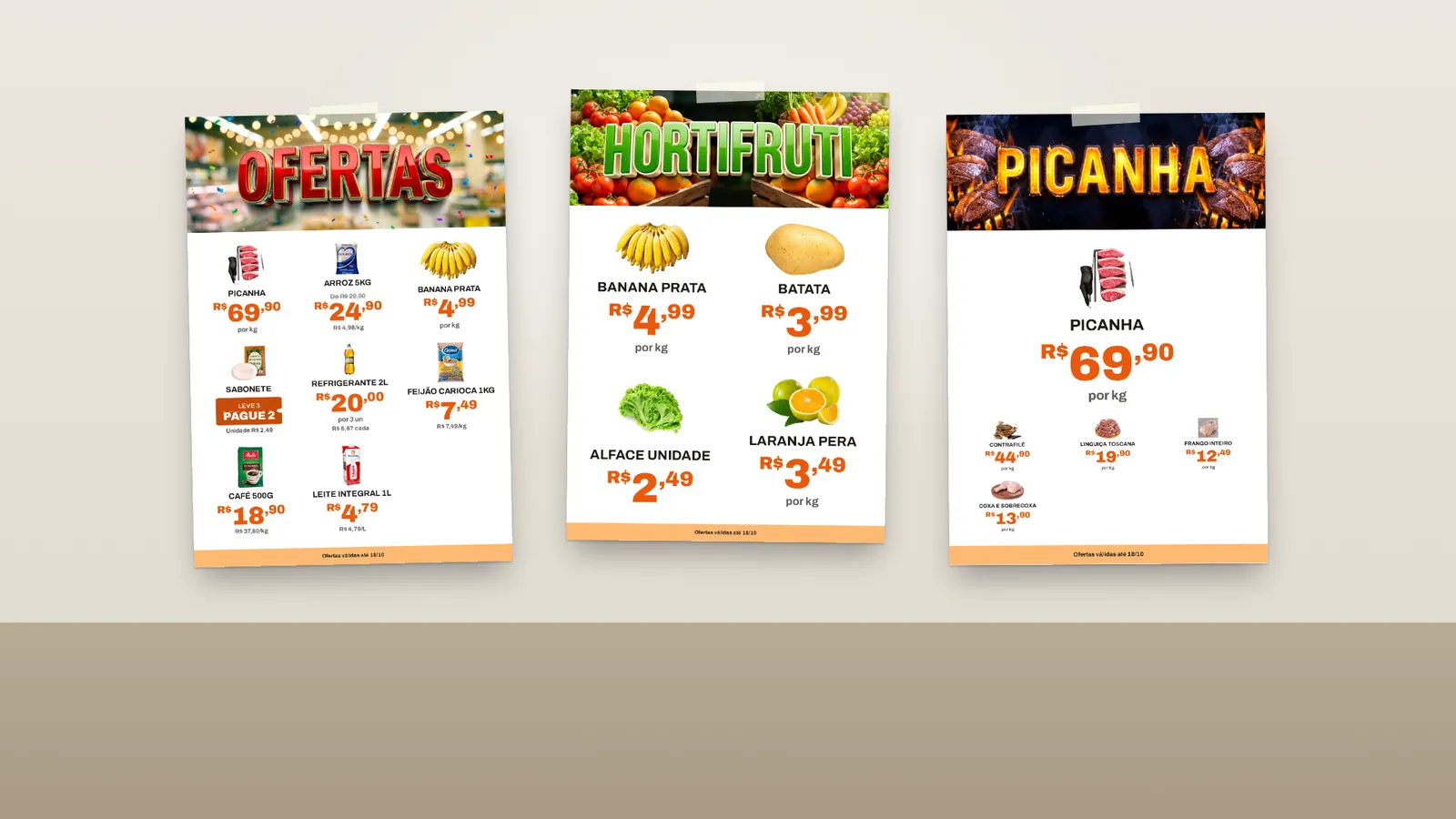 Three real posters made by the app: weekly flyer, produce and butcher.