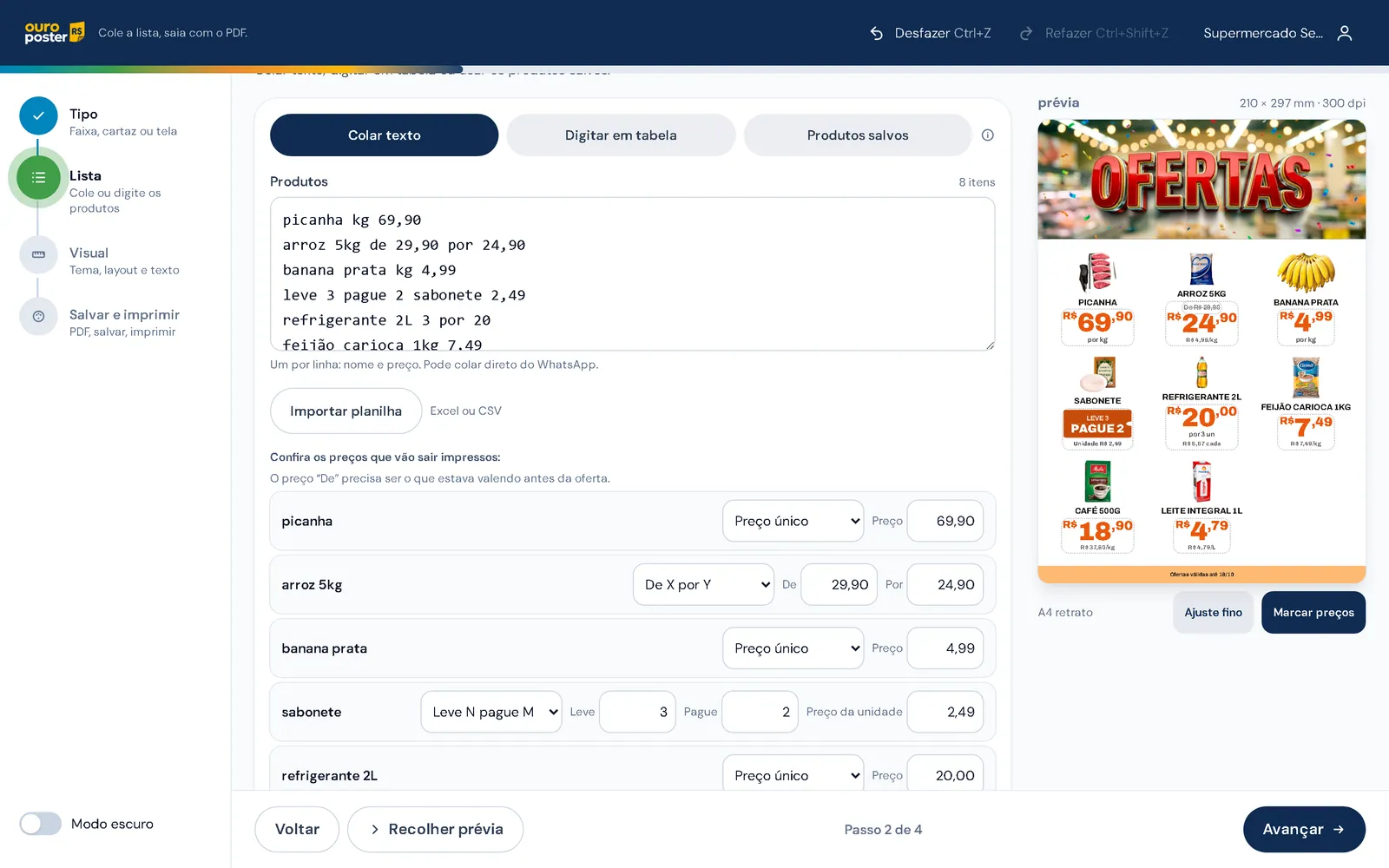 Step 2, List: text pasted from WhatsApp becomes product, price, unit and promo.