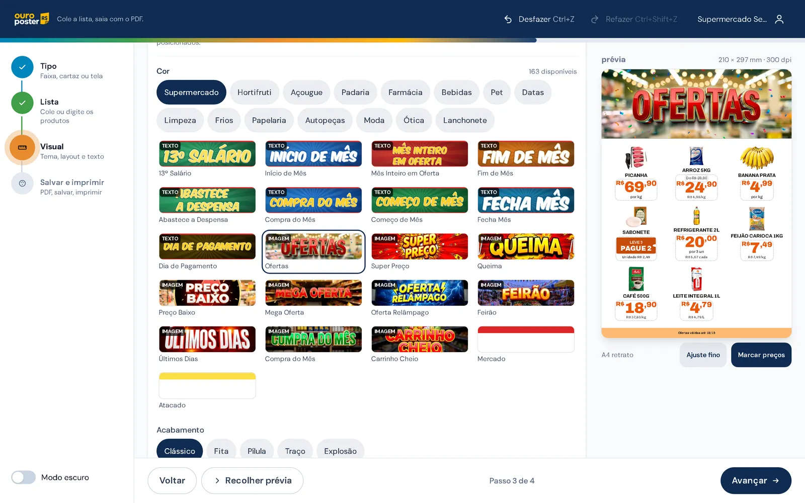 Step 3, Visual: themes per store section, each header tagged TEXT or IMAGE.