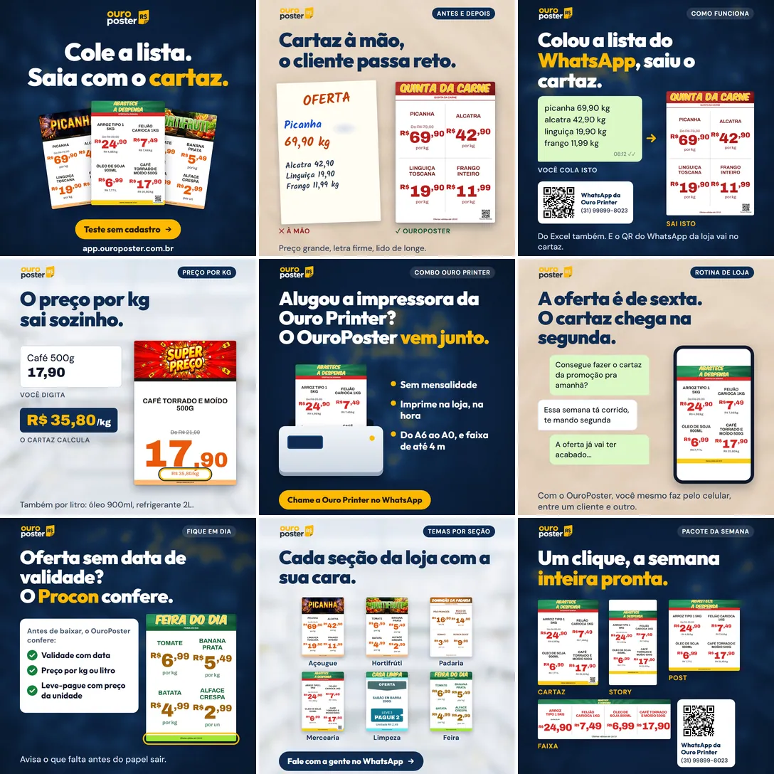 Instagram launch grid: each row has a pain post, a how-it-works post and a decision post.