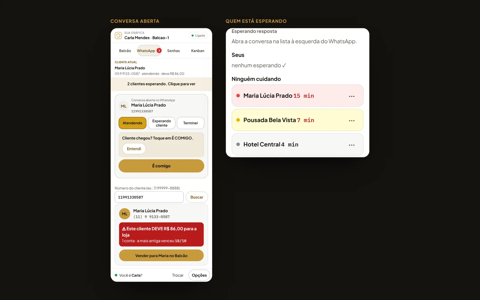 Ao lado da conversa aberta: quem é o cliente, quanto ele deve e quem está esperando resposta. A extensão só lê a tela.