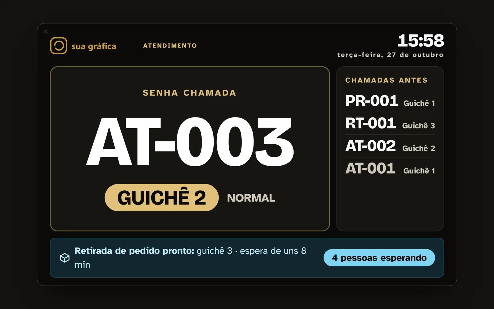 Painel de senhas na TV da loja, com as últimas chamadas e a fila de retirada separada.