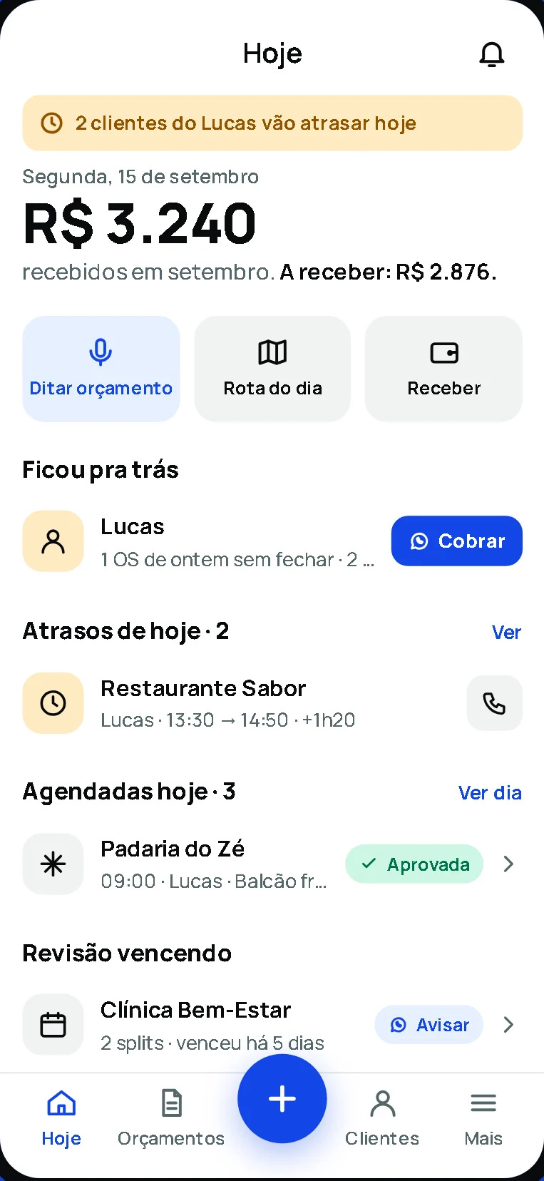 Tela do Tecamigo com os serviços do dia
